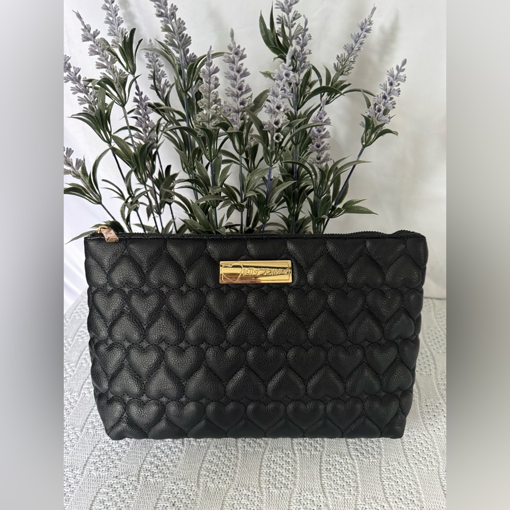 Betsey Johnson Black Quilted Heart Cosmetic Bag with Gold Plate